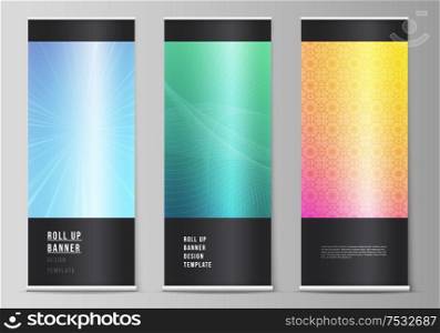 The vector illustration of the editable layout of roll up banner stands, vertical flyers, flags design business templates. Abstract geometric pattern with colorful gradient business background. The vector illustration of the editable layout of roll up banner stands, vertical flyers, flags design business templates. Abstract geometric pattern with colorful gradient business background.