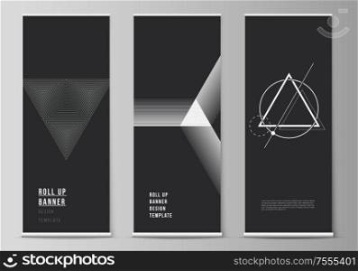 The vector illustration of the editable layout of roll up banner stands, vertical flyers, flags design business templates. Abstract geometric triangle design background using triangular style patterns.. The vector illustration of the editable layout of roll up banner stands, vertical flyers, flags design business templates. Abstract geometric triangle design background using triangular style patterns