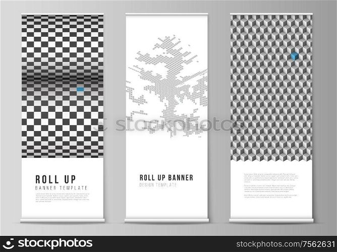 The vector illustration of the editable layout of roll up banner stands, vertical flyers, flags design business templates. Abstract big data visualization concept backgrounds with cubes. The vector illustration of the editable layout of roll up banner stands, vertical flyers, flags design business templates. Abstract big data visualization concept backgrounds with cubes.