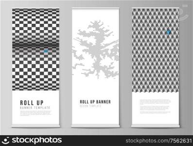 The vector illustration of the editable layout of roll up banner stands, vertical flyers, flags design business templates. Abstract big data visualization concept backgrounds with cubes. The vector illustration of the editable layout of roll up banner stands, vertical flyers, flags design business templates. Abstract big data visualization concept backgrounds with cubes.
