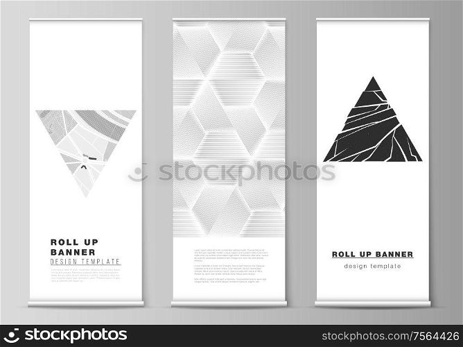 The vector illustration of the editable layout of roll up banner stands, vertical flyers, flags design business templates. Abstract geometric triangle design background using triangular style patterns.. The vector illustration of the editable layout of roll up banner stands, vertical flyers, flags design business templates. Abstract geometric triangle design background using triangular style patterns