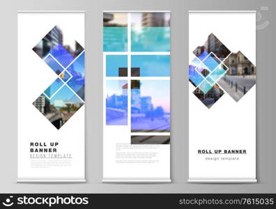 The vector illustration of the editable layout of roll up banner stands, vertical flyers, flags design business templates. Creative trendy style mockups, blue color trendy design backgrounds. The vector illustration of the editable layout of roll up banner stands, vertical flyers, flags design business templates. Creative trendy style mockups, blue color trendy design backgrounds.