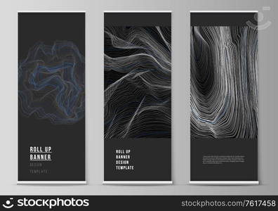 The vector illustration of the editable layout of roll up banner stands, vertical flyers, flags design business templates. Smooth smoke wave, hi-tech concept black color techno background. The vector illustration of the editable layout of roll up banner stands, vertical flyers, flags design business templates. Smooth smoke wave, hi-tech concept black color techno background.