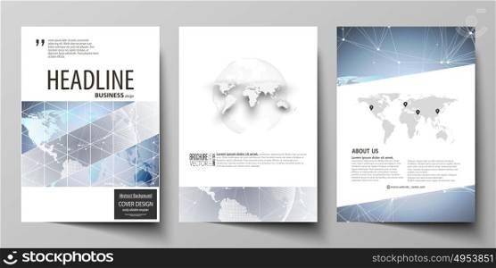 The vector illustration of the editable layout of three A4 format modern covers design templates for brochure, magazine, flyer, booklet. Technology concept. Molecule structure, connecting background.. The vector illustration of the editable layout of three A4 format modern covers design templates for brochure, magazine, flyer, booklet. Technology concept. Molecule structure, connecting background