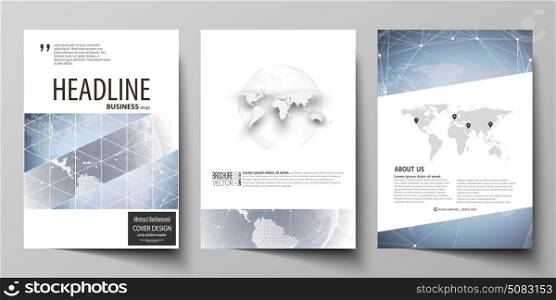 The vector illustration of the editable layout of three A4 format modern covers design templates for brochure, magazine, flyer, booklet. Abstract futuristic network shapes. High tech background.. The vector illustration of the editable layout of three A4 format modern covers design templates for brochure, magazine, flyer, booklet. Abstract futuristic network shapes. High tech background