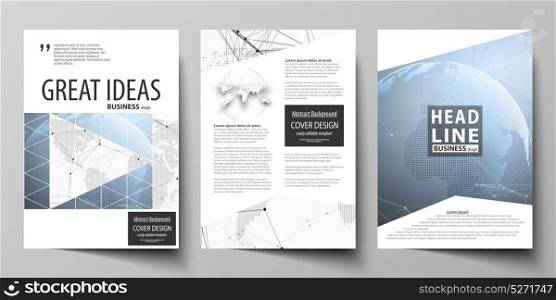 The vector illustration of the editable layout of three A4 format modern covers design templates for brochure, magazine, flyer, booklet. World globe on blue. Global network connections, lines and dots. The vector illustration of editable layout of three A4 format modern covers design templates for brochure, magazine, flyer, booklet. World globe on blue. Global network connections, lines and dots