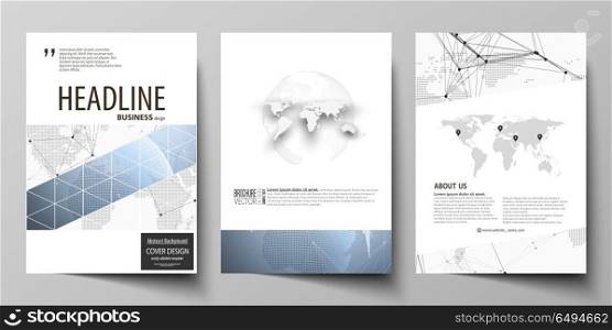 The vector illustration of the editable layout of three A4 format modern covers design templates for brochure, magazine, flyer, booklet. World globe on blue. Global network connections, lines and dots. The vector illustration of the editable layout of three A4 format modern covers design templates for brochure, magazine, flyer, booklet. World globe on blue. Global network connections, lines and dots.