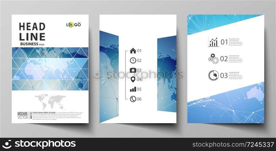 The vector illustration of the editable layout of three A4 format modern covers design templates for brochure, magazine, flyer, booklet. World map on blue, geometric technology design, polygonal texture.. The vector illustration of editable layout of three A4 format modern covers design templates for brochure, magazine, flyer, booklet. World map on blue, geometric technology design, polygonal texture.
