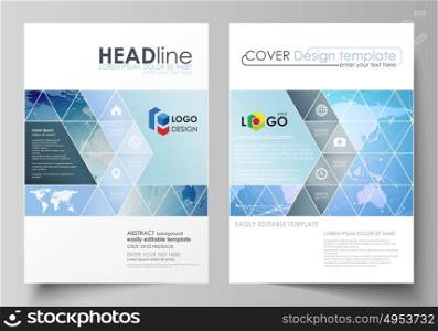 The vector illustration of the editable layout of two A4 format covers with triangles design templates for brochure, flyer, booklet. World map on blue, geometric technology design, polygonal texture.. The vector illustration of the editable layout of two A4 format covers with triangles design templates for brochure, flyer, booklet. World map on blue, geometric technology design, polygonal texture