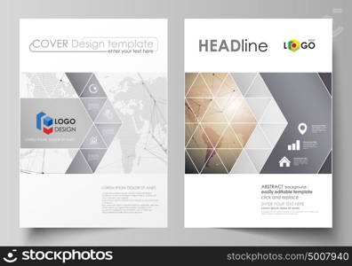 The vector illustration of the editable layout of two A4 format covers with triangles design templates for brochure, flyer, booklet. Global network connections, technology background with world map.. The vector illustration of the editable layout of two A4 format covers with triangles design templates for brochure, flyer, booklet. Global network connections, technology background with world map
