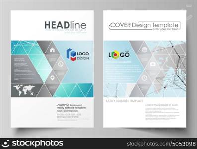 The vector illustration of the editable layout of two A4 format covers with triangles design templates for brochure, flyer, booklet. Futuristic high tech background, dig data technology concept.. The vector illustration of the editable layout of two A4 format covers with triangles design templates for brochure, flyer, booklet. Futuristic high tech background, dig data technology concept