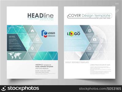 The vector illustration of the editable layout of two A4 format covers with triangles design templates for brochure, flyer, booklet. Chemistry pattern. Molecule structure. Medical, science background.. The vector illustration of the editable layout of two A4 format covers with triangles design templates for brochure, flyer, booklet. Chemistry pattern. Molecule structure. Medical, science background