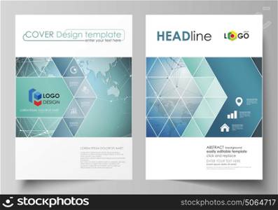 The vector illustration of the editable layout of two A4 format covers with triangles design templates for brochure, flyer, booklet. Chemistry pattern, connecting lines and dots. Medical concept.. The vector illustration of the editable layout of two A4 format covers with triangles design templates for brochure, flyer, booklet. Chemistry pattern, connecting lines and dots. Medical concept