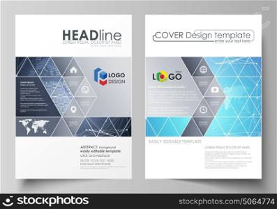 The vector illustration of the editable layout of two A4 format covers with triangles design templates for brochure, flyer, booklet. Abstract global design. Chemistry pattern, molecule structure.. The vector illustration of the editable layout of two A4 format covers with triangles design templates for brochure, flyer, booklet. Abstract global design. Chemistry pattern, molecule structure