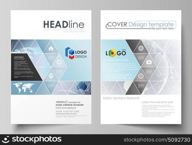 The vector illustration of the editable layout of two A4 format covers with triangles design templates for brochure, flyer, booklet. Technology concept. Molecule structure, connecting background.. The vector illustration of the editable layout of two A4 format covers with triangles design templates for brochure, flyer, booklet. Technology concept. Molecule structure, connecting background