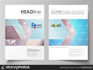 The vector illustration of the editable layout of two A4 format covers with triangles design templates for brochure, flyer, booklet. Molecule structure. Science, technology concept. Polygonal design.. The vector illustration of the editable layout of two A4 format covers with triangles design templates for brochure, flyer, booklet. Molecule structure. Science, technology concept. Polygonal design