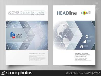 The vector illustration of the editable layout of two A4 format covers with triangles design templates for brochure, flyer, booklet. Abstract futuristic network shapes. High tech background.. The vector illustration of the editable layout of two A4 format covers with triangles design templates for brochure, flyer, booklet. Abstract futuristic network shapes. High tech background