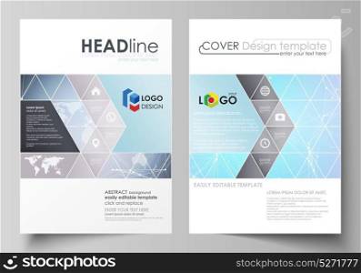 The vector illustration of the editable layout of two A4 format covers with triangles design templates for brochure, flyer, booklet. Polygonal texture. Global connections, futuristic geometric concept. The vector illustration of the editable layout of two A4 format covers with triangles design templates for brochure, flyer, booklet. Polygonal texture. Global connections, futuristic geometric concept.