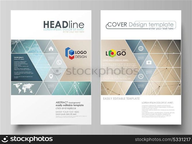 The vector illustration of the editable layout of two A4 format covers with triangles design templates for brochure, flyer, booklet. Chemistry pattern with molecule structure. Medical DNA research.. The vector illustration of the editable layout of two A4 format covers with triangles design templates for brochure, flyer, booklet. Chemistry pattern with molecule structure. Medical DNA research