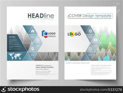 The vector illustration of the editable layout of two A4 format covers with triangles design templates for brochure, flyer, booklet. Rows of colored diagram with peaks of different height.. The vector illustration of the editable layout of two A4 format covers with triangles design templates for brochure, flyer, booklet. Rows of colored diagram with peaks of different height