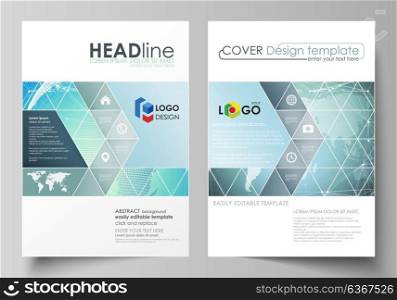 The vector illustration of the editable layout of two A4 format covers with triangles design templates for brochure, flyer, booklet. Chemistry pattern, molecule structure, geometric design background.. The vector illustration of the editable layout of two A4 format covers with triangles design templates for brochure, flyer, booklet. Chemistry pattern, molecule structure, geometric design background