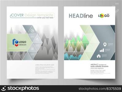 The vector illustration of the editable layout of two A4 format covers with triangles design templates for brochure, flyer, booklet. Rows of colored diagram with peaks of different height.. The vector illustration of the editable layout of two A4 format covers with triangles design templates for brochure, flyer, booklet. Rows of colored diagram with peaks of different height