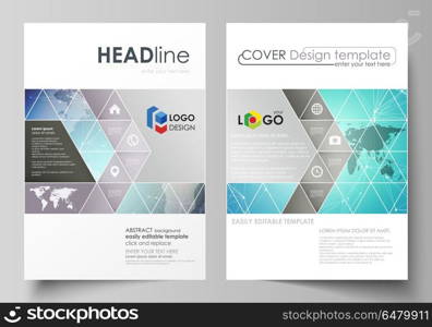 The vector illustration of the editable layout of two A4 format covers with triangles design templates for brochure, flyer, booklet. Molecule structure, connecting lines and dots. Technology concept.. The vector illustration of the editable layout of two A4 format covers with triangles design templates for brochure, flyer, booklet. Molecule structure, connecting lines and dots. Technology concept