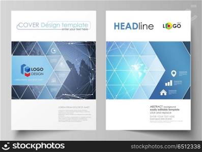 The vector illustration of the editable layout of two A4 format covers with triangles design templates for brochure, flyer, booklet. Abstract global design. Chemistry pattern, molecule structure.. The vector illustration of the editable layout of two A4 format covers with triangles design templates for brochure, flyer, booklet. Abstract global design. Chemistry pattern, molecule structure