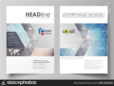 The vector illustration of the editable layout of two A4 format covers with triangles design templates for brochure, flyer, booklet. Polygonal geometric linear texture. Global network, dig data concept.. The vector illustration of editable layout of two A4 format covers with triangles design templates for brochure, flyer, booklet. Polygonal geometric linear texture. Global network, dig data concept.