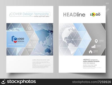 The vector illustration of the editable layout of two A4 format covers with triangles design templates for brochure, flyer, booklet. Technology concept. Molecule structure, connecting background. The vector illustration of the editable layout of two A4 format covers with triangles design templates for brochure, flyer, booklet. Technology concept. Molecule structure, connecting background.