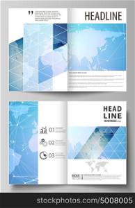 The vector illustration of the editable layout of two A4 format modern cover mockups design templates for brochure, flyer, booklet. World map on blue, geometric technology design, polygonal texture.. The vector illustration of the editable layout of two A4 format modern cover mockups design templates for brochure, flyer, booklet. World map on blue, geometric technology design, polygonal texture