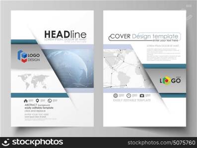 The vector illustration of the editable layout of two A4 format modern covers design templates for brochure, magazine, flyer, report. World globe on blue. Global network connections, lines and dots.. The vector illustration of the editable layout of two A4 format modern covers design templates for brochure, magazine, flyer, report. World globe on blue. Global network connections, lines and dots