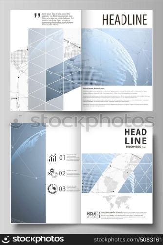 The vector illustration of the editable layout of two A4 format modern cover mockups design templates for brochure, flyer, booklet. World globe on blue. Global network connections, lines and dots.. The vector illustration of the editable layout of two A4 format modern cover mockups design templates for brochure, flyer, booklet. World globe on blue. Global network connections, lines and dots