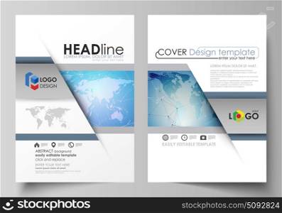 The vector illustration of the editable layout of two A4 format modern covers design templates for brochure, magazine, flyer, report. World map on blue, geometric technology design, polygonal texture.. The vector illustration of the editable layout of two A4 format modern covers design templates for brochure, magazine, flyer, report. World map on blue, geometric technology design, polygonal texture