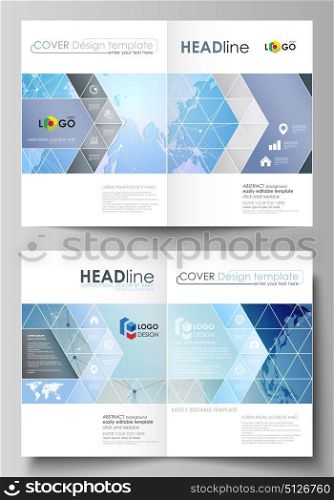 The vector illustration of the editable layout of two A4 format modern cover mockups design templates for brochure, magazine, flyer. World map on blue, geometric technology design, polygonal texture.. The vector illustration of the editable layout of two A4 format modern cover mockups design templates for brochure, magazine, flyer. World map on blue, geometric technology design, polygonal texture