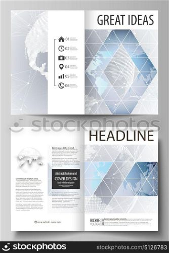The vector illustration of the editable layout of two A4 format modern cover mockups design templates for brochure, magazine, flyer. Technology concept. Molecule structure, connecting background.. The vector illustration of the editable layout of two A4 format modern cover mockups design templates for brochure, magazine, flyer. Technology concept. Molecule structure, connecting background