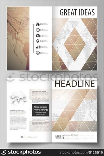 The vector illustration of the editable layout of two A4 format modern cover mockups design templates for brochure, magazine, flyer. Global network connections, technology background with world map.. The vector illustration of the editable layout of two A4 format modern cover mockups design templates for brochure, magazine, flyer. Global network connections, technology background with world map