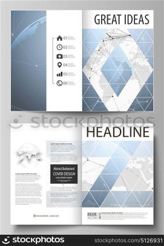 The vector illustration of the editable layout of two A4 format modern cover mockups design templates for brochure, magazine, flyer. World globe on blue. Global network connections, lines and dots.. The vector illustration of the editable layout of two A4 format modern cover mockups design templates for brochure, magazine, flyer. World globe on blue. Global network connections, lines and dots