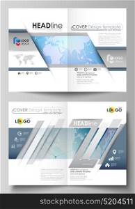 The vector illustration of the editable layout of two A4 format modern cover mockups design templates for brochure, flyer, report. World map on blue, geometric technology design, polygonal texture.. The vector illustration of the editable layout of two A4 format modern cover mockups design templates for brochure, flyer, report. World map on blue, geometric technology design, polygonal texture