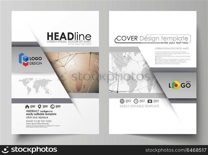The vector illustration of the editable layout of two A4 format modern covers design templates for brochure, magazine, flyer, report. Global network connections, technology background with world map.. The vector illustration of the editable layout of two A4 format modern covers design templates for brochure, magazine, flyer, report. Global network connections, technology background with world map