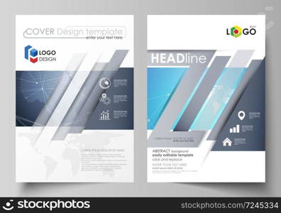 The vector illustration of the editable layout of two A4 format modern covers design templates for brochure, magazine, flyer, report. Abstract global design. Chemistry pattern, molecule structure. The vector illustration of the editable layout of two A4 format modern covers design templates for brochure, magazine, flyer, report. Abstract global design. Chemistry pattern, molecule structure.