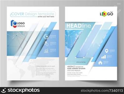 The vector illustration of the editable layout of two A4 format modern covers design templates for brochure, magazine, flyer, report. World map on blue, geometric technology design, polygonal texture. The vector illustration of the editable layout of two A4 format modern covers design templates for brochure, magazine, flyer, report. World map on blue, geometric technology design, polygonal texture.