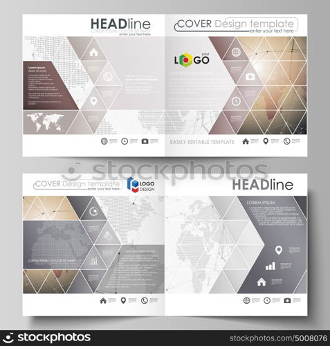 The vector illustration of the editable layout of two covers templates for square design bi fold brochure, magazine, flyer, booklet. Global network connections, technology background with world map.. The vector illustration of the editable layout of two covers templates for square design bi fold brochure, magazine, flyer, booklet. Global network connections, technology background with world map