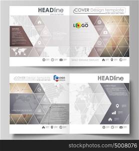 The vector illustration of the editable layout of two covers templates for square design bi fold brochure, magazine, flyer, booklet. Global network connections, technology background with world map.. The vector illustration of the editable layout of two covers templates for square design bi fold brochure, magazine, flyer, booklet. Global network connections, technology background with world map