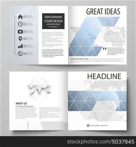 The vector illustration of the editable layout of two covers templates for square design bi fold brochure, magazine, flyer, booklet. World globe on blue. Global network connections, lines and dots.. The vector illustration of the editable layout of two covers templates for square design bi fold brochure, magazine, flyer, booklet. World globe on blue. Global network connections, lines and dots