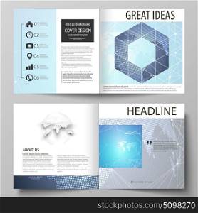 The vector illustration of the editable layout of two covers templates for square design bi fold brochure, magazine, flyer, booklet. Abstract global design. Chemistry pattern, molecule structure.. The vector illustration of the editable layout of two covers templates for square design bi fold brochure, magazine, flyer, booklet. Abstract global design. Chemistry pattern, molecule structure