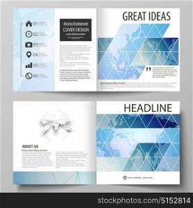 The vector illustration of the editable layout of two covers templates for square design bi fold brochure, magazine, flyer, booklet. World map on blue, geometric technology design, polygonal texture.. The vector illustration of the editable layout of two covers templates for square design bi fold brochure, magazine, flyer, booklet. World map on blue, geometric technology design, polygonal texture