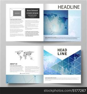 The vector illustration of the editable layout of two covers templates for square design bi fold brochure, magazine, flyer, booklet. World map on blue, geometric technology design, polygonal texture.. The vector illustration of the editable layout of two covers templates for square design bi fold brochure, magazine, flyer, booklet. World map on blue, geometric technology design, polygonal texture