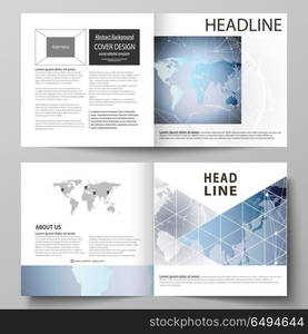 The vector illustration of the editable layout of two covers templates for square design bi fold brochure, magazine, flyer, booklet. Technology concept. Molecule structure, connecting background.. The vector illustration of the editable layout of two covers templates for square design bi fold brochure, magazine, flyer, booklet. Technology concept. Molecule structure, connecting background