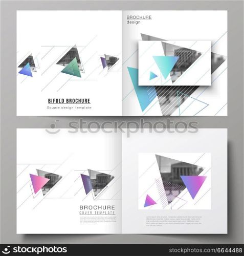 The vector illustration of the editable layout of two covers templates for square design bifold brochure, magazine, flyer, booklet. Colorful polygonal background with triangles with modern memphis pattern. The vector illustration of editable layout of two covers templates for square design bifold brochure, magazine, flyer, booklet. Colorful polygonal background with triangles with modern memphis pattern